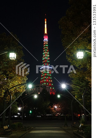Tokyo Tower and street lights at night in Christmas tree colors. November 22, 2019, Minato Ward. Tokyo Tower and street lights in Christmas tree colors. 133533991