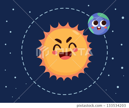 Funny Sun and Earth Cartoon Character Vector Illustration 133534203