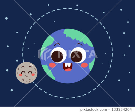 Funny Earth and Moon Cartoon Character Vector Illustration 133534204