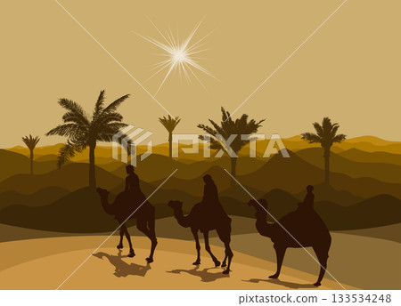 Happy epiphany day design. Three wise men on camel, bright star, nativity of Jesus. hand drawing. Not AI, Vector illustrations. Happy epiphany day design. Three wise men on camel, bright star, nativity of Jesus. hand drawing. Not AI, Vector illustrations. 133534248