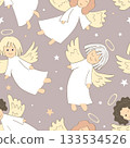 Cute flying angel cartoon seamless pattern. Christmas background, vector illustration. 133534526