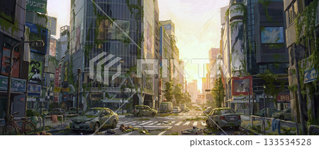 遊戲背景：日本東京秋葉原廢墟，黎明時分的末日景象。 133534528