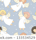 Cute flying angel cartoon seamless pattern. Christmas background, vector illustration. 133534529