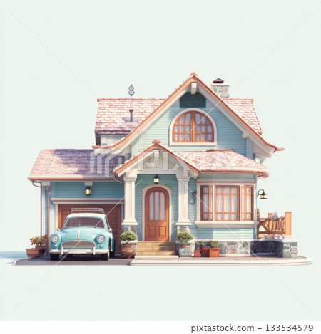 A light blue cartoon house with a light blue vintage car parked in front on a white background 133534579