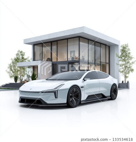 White modern electric sedan parked outside a contemporary concrete and glass house with green trees 133534618