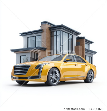 Yellow luxury sedan parked in front of a modern residential house with large windows 133534619