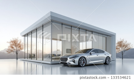 A modern glass house with a silver sedan parked outside in a serene mountain landscape A modern glass house with a silver sedan parked outside in a serene mountain landscape 133534621