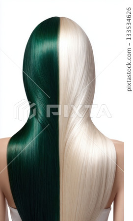 Woman's back view with split dyed hair emerald green contrasting with platinum blonde 133534626