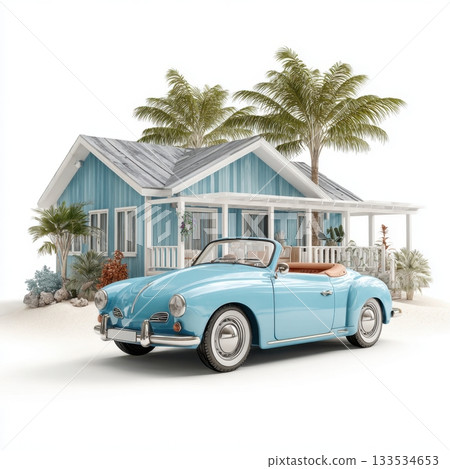 Classic blue convertible car parked on sand in front of a tropical beach house with palm trees 133534653