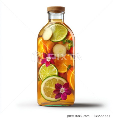 Glass bottle containing refreshing infused water with citrus slices strawberries apples and edible flowers 133534654