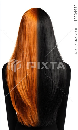 A person's hair split dyed with bright orange on one side and black on the other 133534655