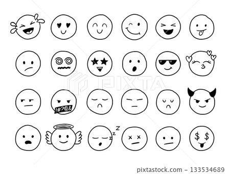 Hand drawn doodle emoji faces with various expressions. Cute freehand linear smiley characters Hand drawn doodle emoji faces with various expressions. Cute freehand linear smiley characters 133534689