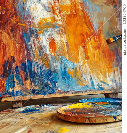 Brush painting colorful abstract modern art on canvas 133534709