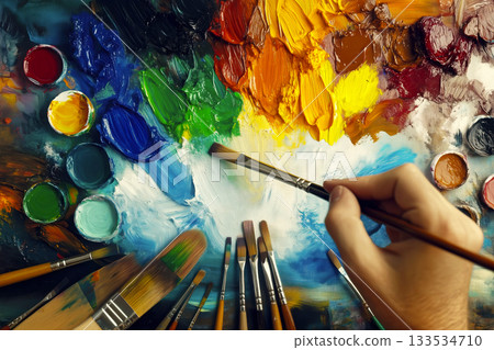 Artist painting on canvas with colorful oil paints and brushes 133534710