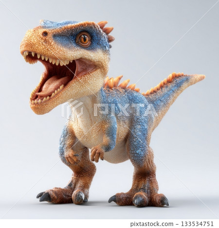 A stylized anthropomorphic dinosaur with blue and orange scales stands with its mouth open 133534751