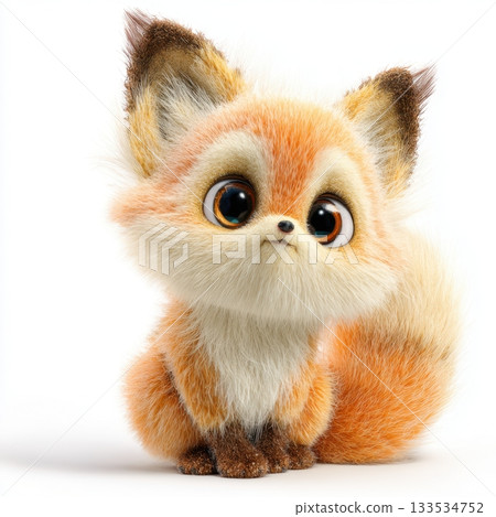 Adorable fluffy baby fox with large expressive eyes sits against a white background 133534752