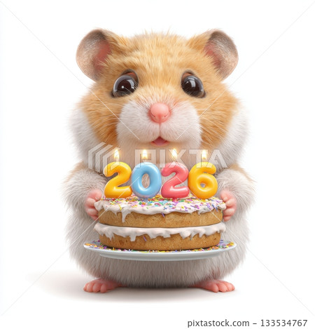 A fluffy hamster holds a two tiered cake with lit candles spelling out 2026 133534767