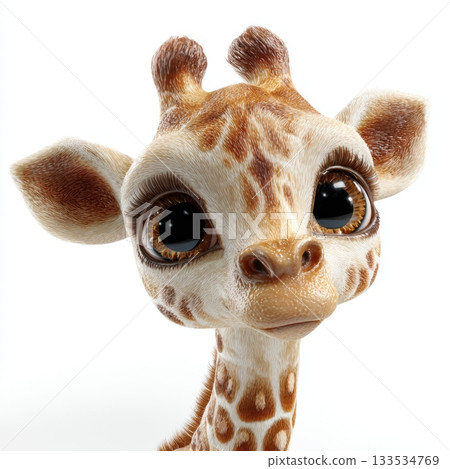 Adorable cartoon baby giraffe with large expressive eyes detailed fur and distinctive brown spots on a white background 133534769