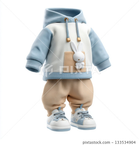 A cute baby outfit with a white hoodie featuring a rabbit applique paired with tan pants and sneakers 133534904