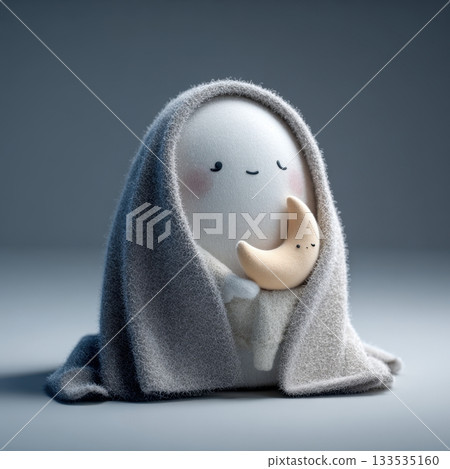 Cute white character wrapped in a blanket holding a crescent moon plush toy 133535160