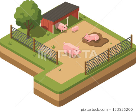 Isometric pig farm with loafing shed Isometric pig farm with loafing shed 133535200