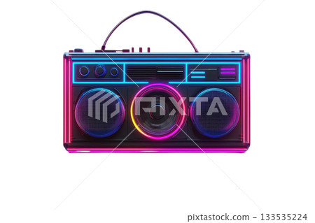 A colorful, retro boombox featuring vibrant neon lights and dual speakers, showcasing a nostalgic design. 133535224