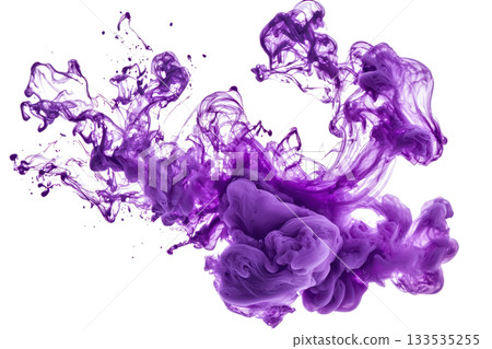 A vibrant purple ink cloud swirling and dispersing, creating an artistic and dynamic visual effect. 133535255