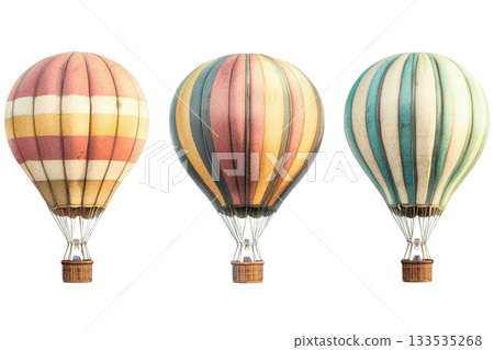 Colorful hot air balloons in various patterns, showcasing their unique designs and shapes. 133535268