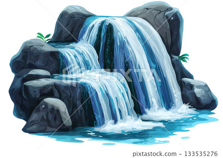 A cascading waterfall flows over rocks, creating a serene and refreshing scene with vibrant blue water. A cascading waterfall flows over rocks, creating a serene and refreshing scene with vibrant blue water. 133535276