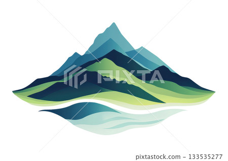 A stylized mountain landscape featuring layered peaks and rolling hills, complemented by a reflective water surface. 133535277