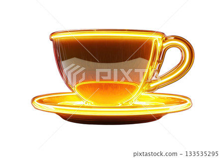 A glowing orange tea cup with a matching saucer, showcasing a smooth, shiny surface and elegant design. 133535295
