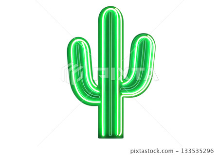 A neon green cactus with multiple arms, glowing vibrantly against a dark backdrop. 133535296