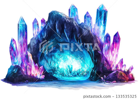 A vibrant cave entrance adorned with luminous, colorful crystals of varying heights, creating a magical and enchanting atmosphere. A vibrant cave entrance adorned with luminous, colorful crystals of varying heights, creating a magical and enchanting atmosphere. 133535325