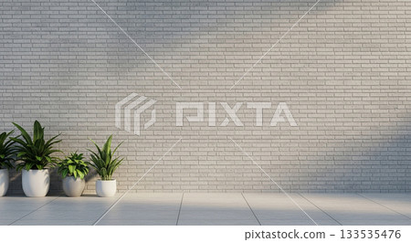 Minimalist White Brick Wall Background with Indoor Plants and Tile Floor in Soft Sunlight Minimalist White Brick Wall Background with Indoor Plants and Tile Floor in Soft Sunlight 133535476