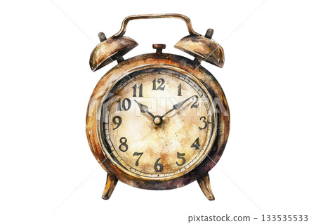 A vintage alarm clock with a classic design featuring large numbers and ornate details, showcasing a rustic, aged appearance. 133535533
