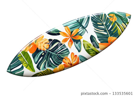A surfboard adorned with vibrant tropical floral and leaf patterns, showcasing colorful design elements. 133535601