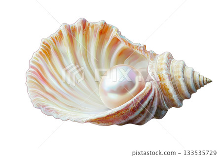 A beautifully detailed shell with a lustrous pearl nestled inside, showcasing intricate textures and natural colors. 133535729