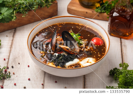 Korean ramen soup with egg vegetables seafood Korean ramen soup with egg vegetables seafood 133535790