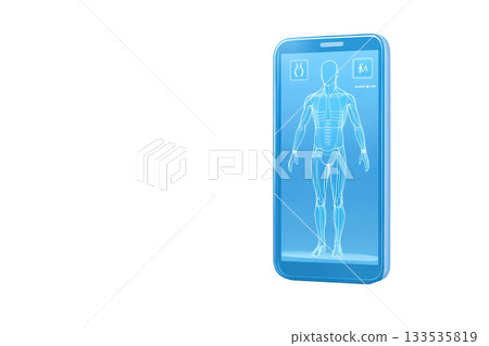 A digital display resembling a smartphone showcasing a human figure interface with anatomical details. 133535819
