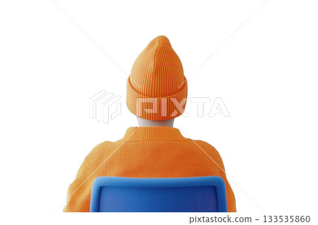 A person wearing an orange beanie and sweater, seated on a blue chair, viewed from behind. 133535860