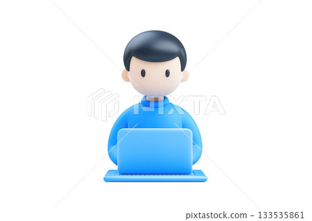 A cartoon character in a blue sweater sitting in front of a laptop, focused on the screen, representing remote work or digital engagement. 133535861