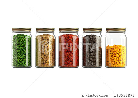 Five glass jars containing various colorful legumes, showcasing a range of textures and shades. 133535875