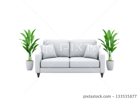 A modern white couch flanked by two lush green plants in stylish pots. 133535877