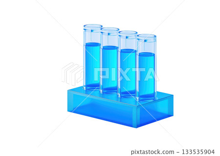 Four glass test tubes filled with blue liquid, arranged in a blue holder. 133535904