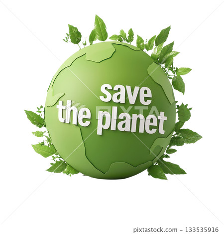 A green globe surrounded by leaves with the phrase "save the planet" prominently displayed. 133535916