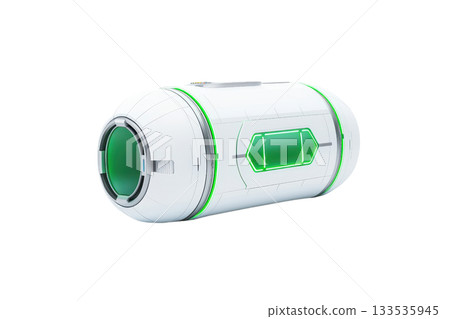 A sleek, cylindrical device with a glossy white finish and vibrant green accents, designed for futuristic applications. 133535945