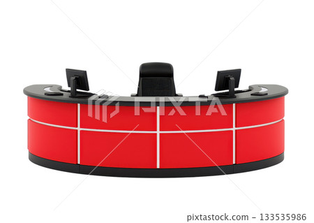 A modern reception desk with a curved design, featuring a vibrant red finish and equipped with multiple workstations. A modern reception desk with a curved design, featuring a vibrant red finish and equipped with multiple workstations. 133535986