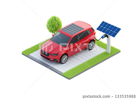A red electric vehicle parked on a charging station with solar panels and greenery. A red electric vehicle parked on a charging station with solar panels and greenery. 133535988