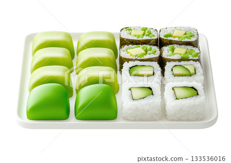 A vibrant assortment of sushi and mochi featuring green hues, beautifully arranged on a white tray. 133536016