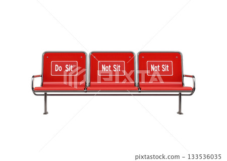 A bench with three seats featuring contrasting signs: one instructing to sit and two indicating not to sit. 133536035